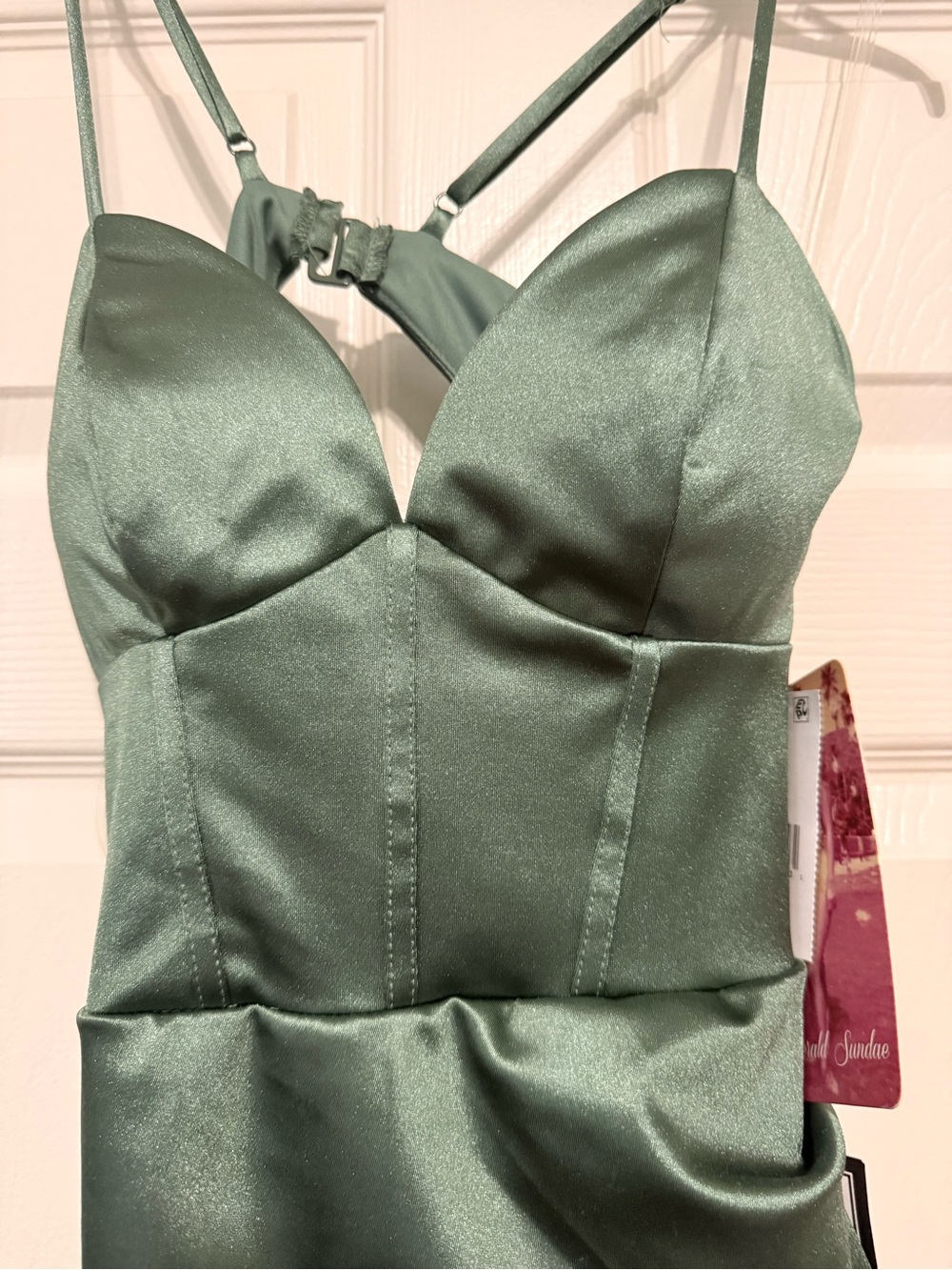 Emerald Sundae Satin Dark Green Prom Gown with Strappy Back